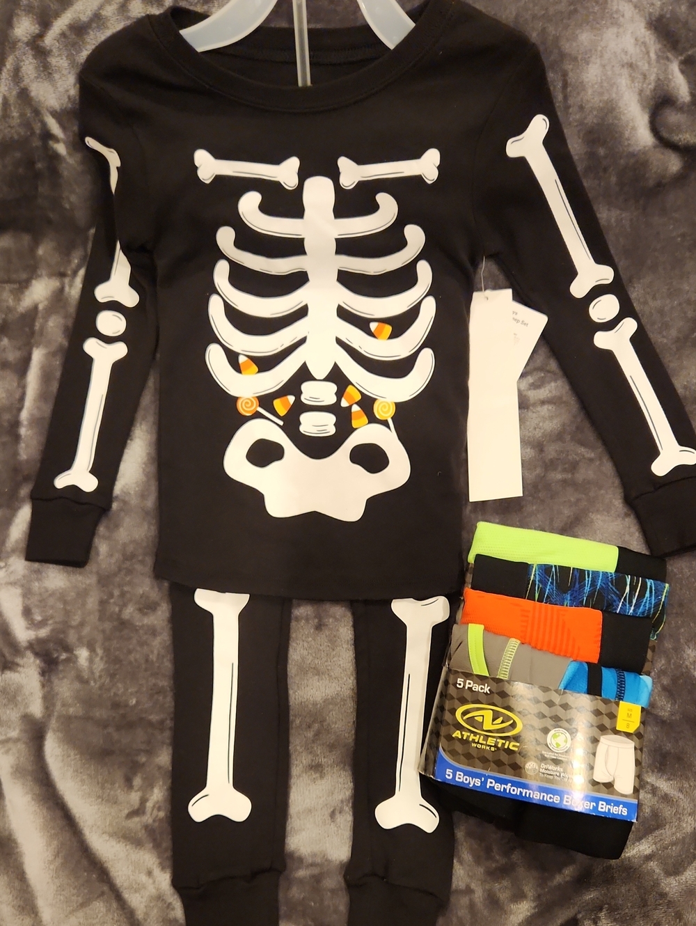 Kids Black Skeleton Pajama Costume Top and Bottom Set/ Pack Of Boxer Briefs